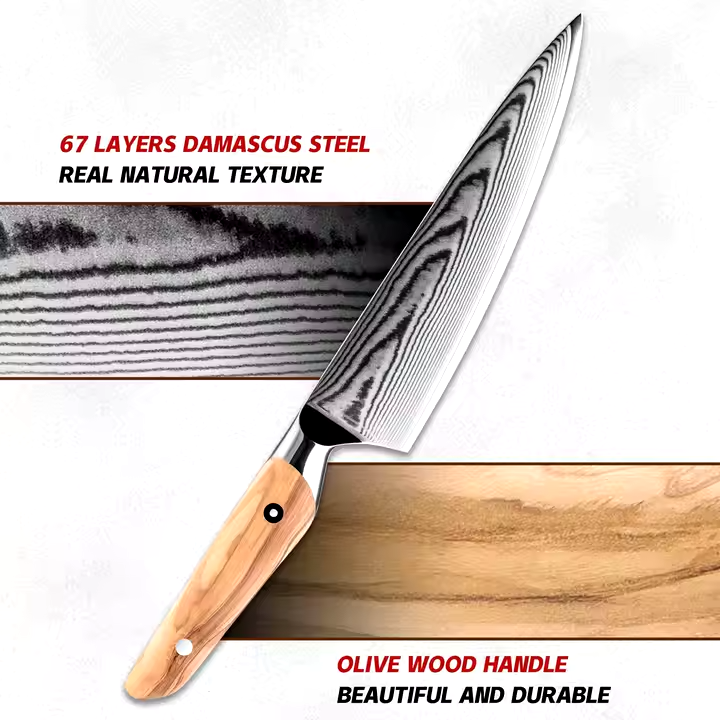 Messer-Set 5tlg.Damast Kochmesserset 67 Schichten Damaszenerstahl mit Oliven Holz Griff