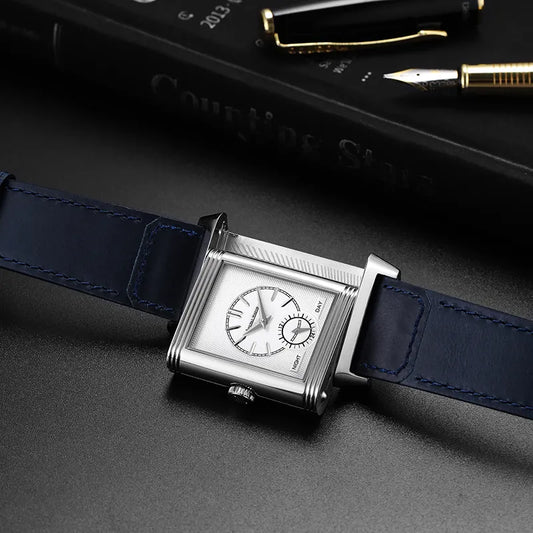 Reverso Manual Mechanical Watch Man 2 Time zone Luxury Leather Strap